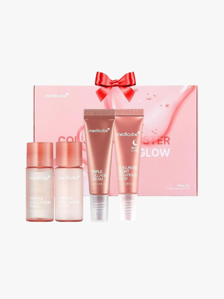 Medicube Glass Skin Collagen Trial Kit pink skincare set on light gray background