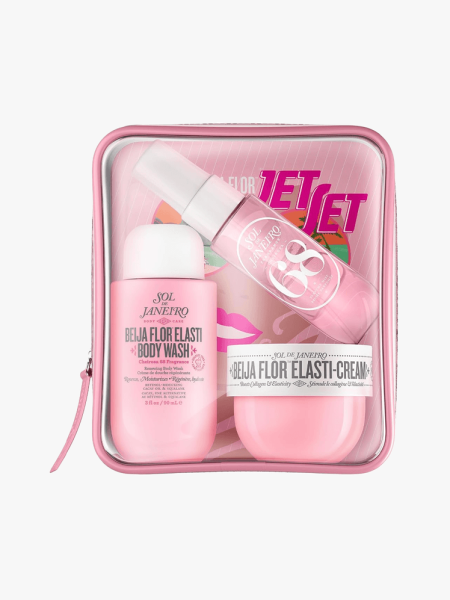 A pink Sol de Janeiro Beija Flor Jet Set on a light gray background