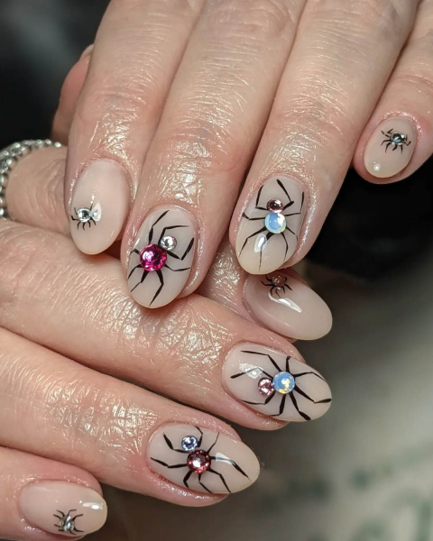 Halloween Nail Idea rhinestone spider nail art