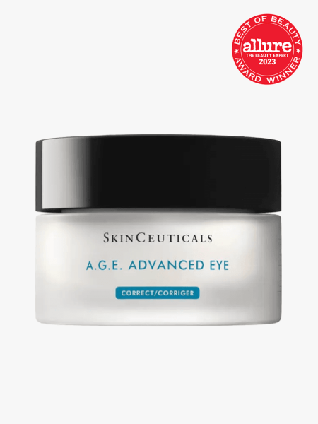 SkinCeuticals A.G.E. Advanced Eye in a frosted jar with black cap on light gray background with allure best of beauty seal