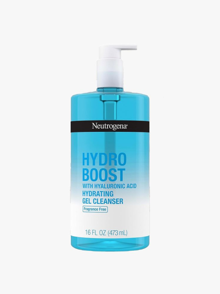Neutrogena Hydro Boost Hydrating Gel Cleanser: A blue pump bottle on a light gray background